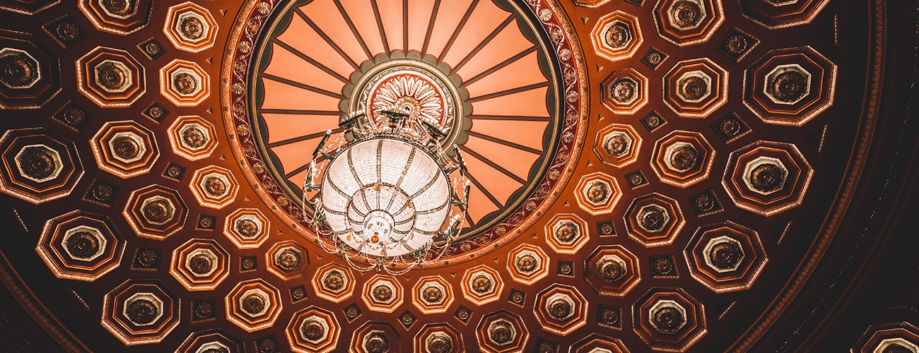 the ceiling of the benedum center and the grand chandelier