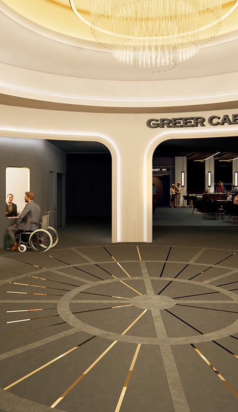 a rendering of a bright, circular lobby. a chandelier hangs from the ceiling. box office windows are on the left and a bar area is in the next room on the right