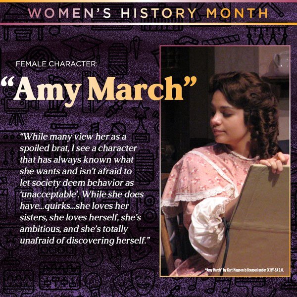 A graphic with the image of the artist Amy March. Shelby says, 'While many view her as a spoiled brat, I see a character that has always known what she wants and isn't afraid to let society deem her behavior as 'unacceptable'. While she does have...quirks...she loves her sisters, she loves herself, she's ambitious, and she's totally unafraid of discovering herself.'