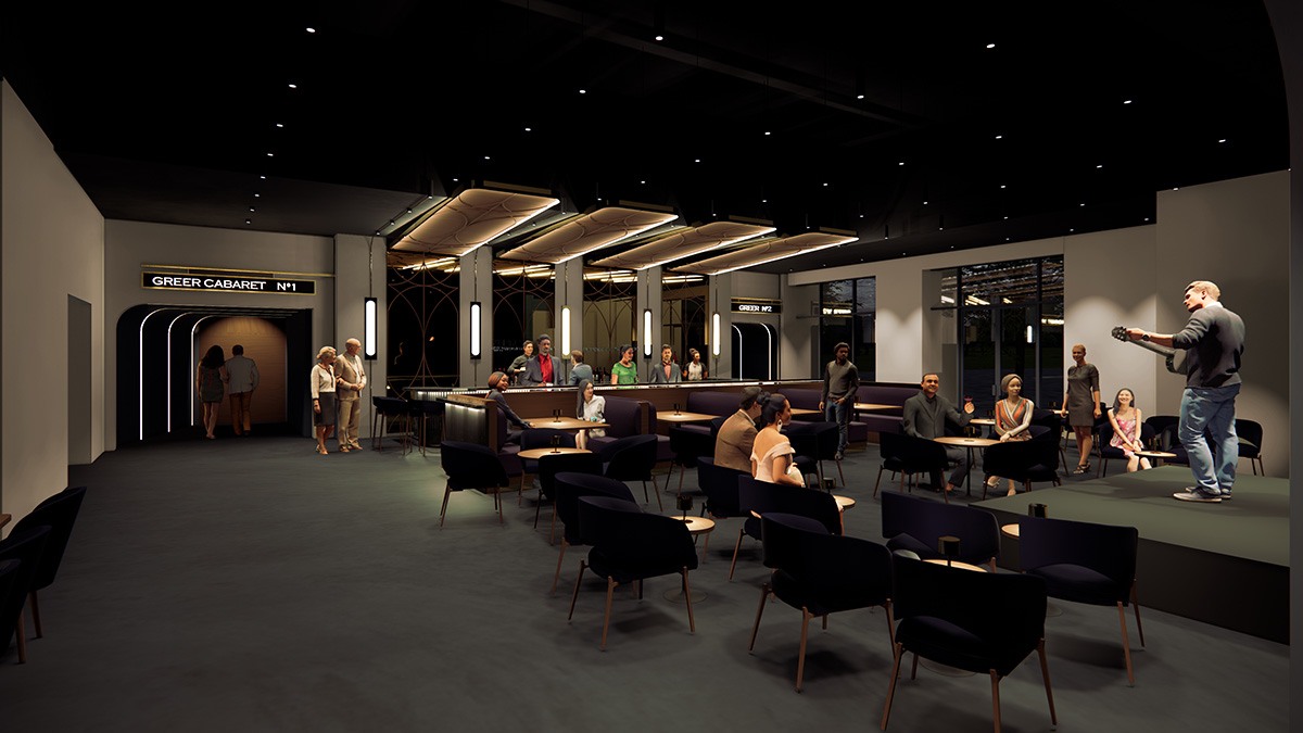 a 3d rendering of a bar area with a small stage in the background