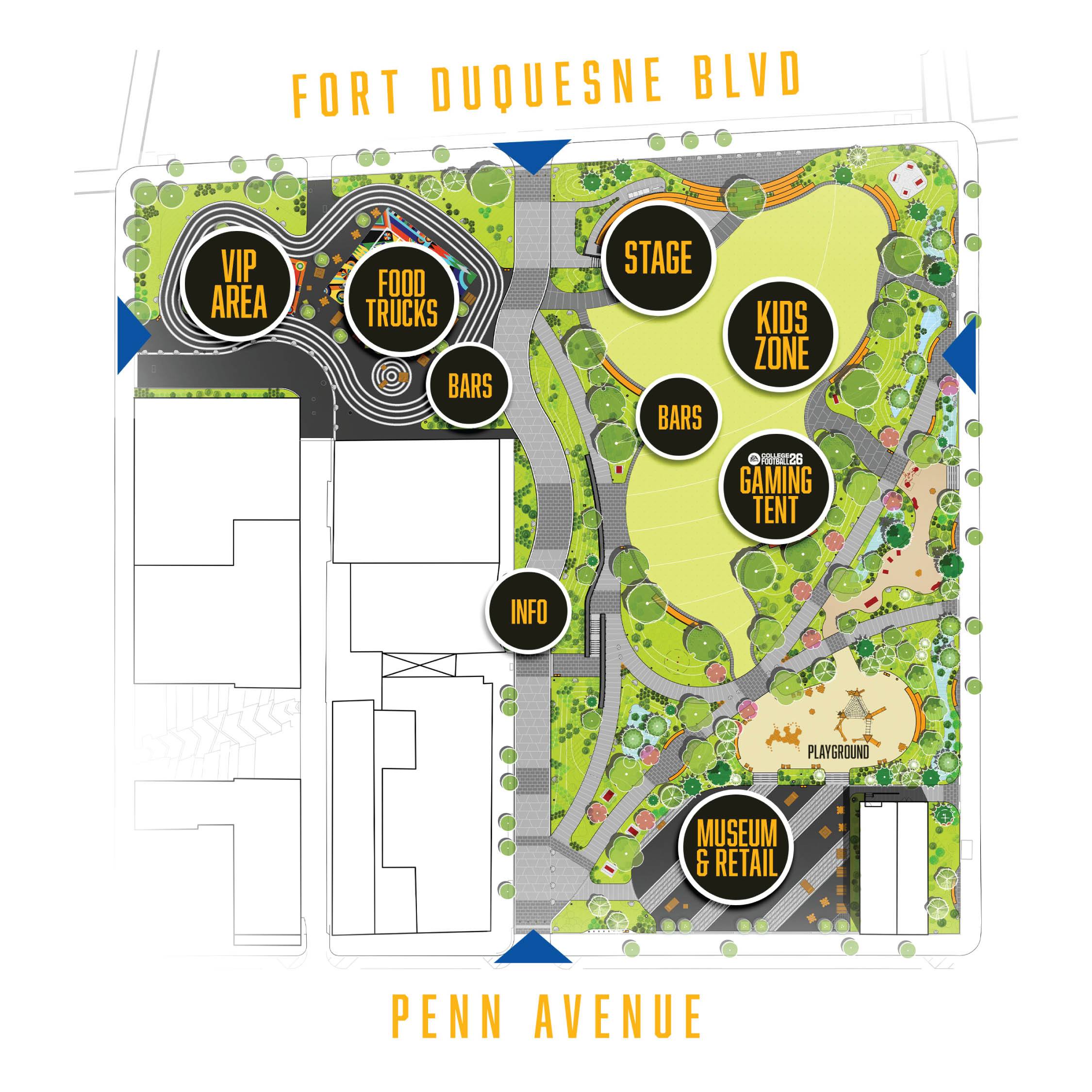 Map of an outdoor event space between Fort Duquesne Blvd and Penn Avenue, showing labeled areas: VIP Area, Food Trucks, Bars, Info, Stage, Kids Zone, Gaming Tent, Museum & Retail, Playground, and surrounding pathways.