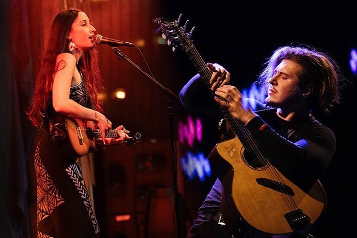 A graphic of four musicians performing in different spaces. Each one holds a guitar.