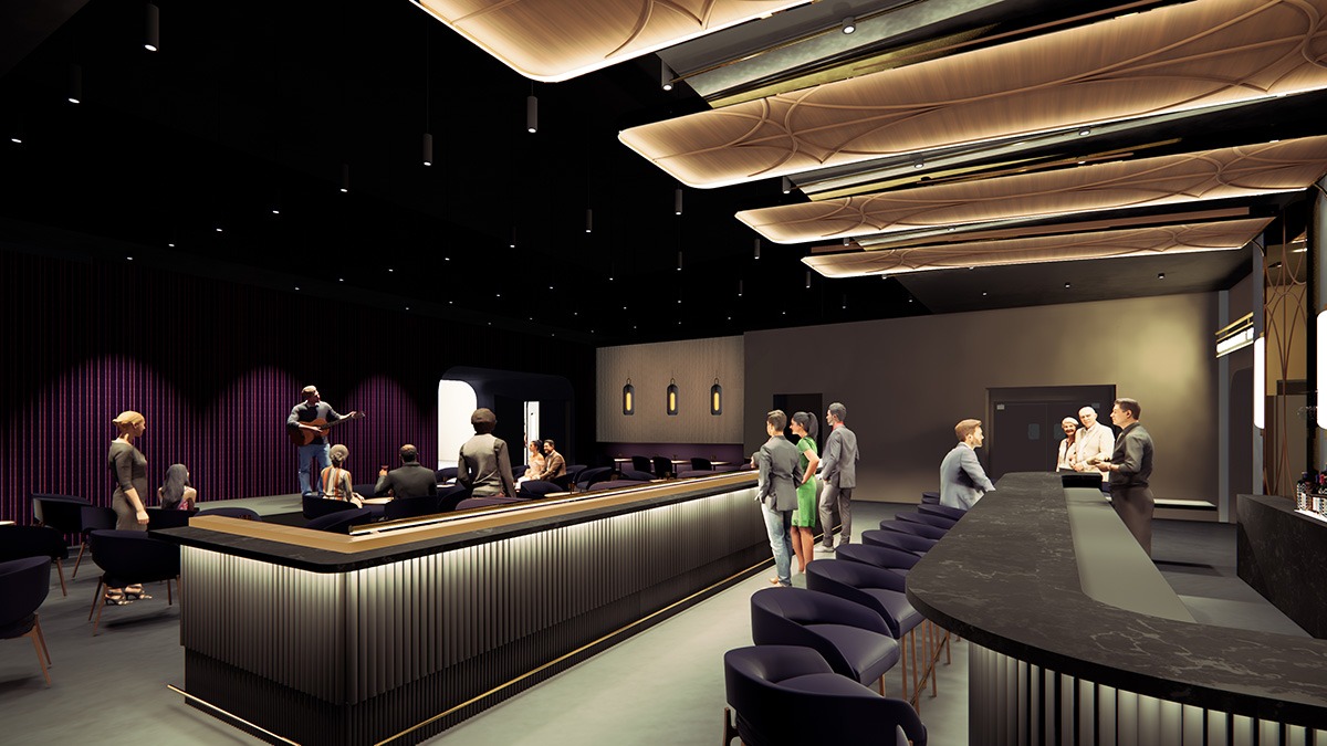 a 3d rendering of a bar area with tables, chairs, booths, and bar seating