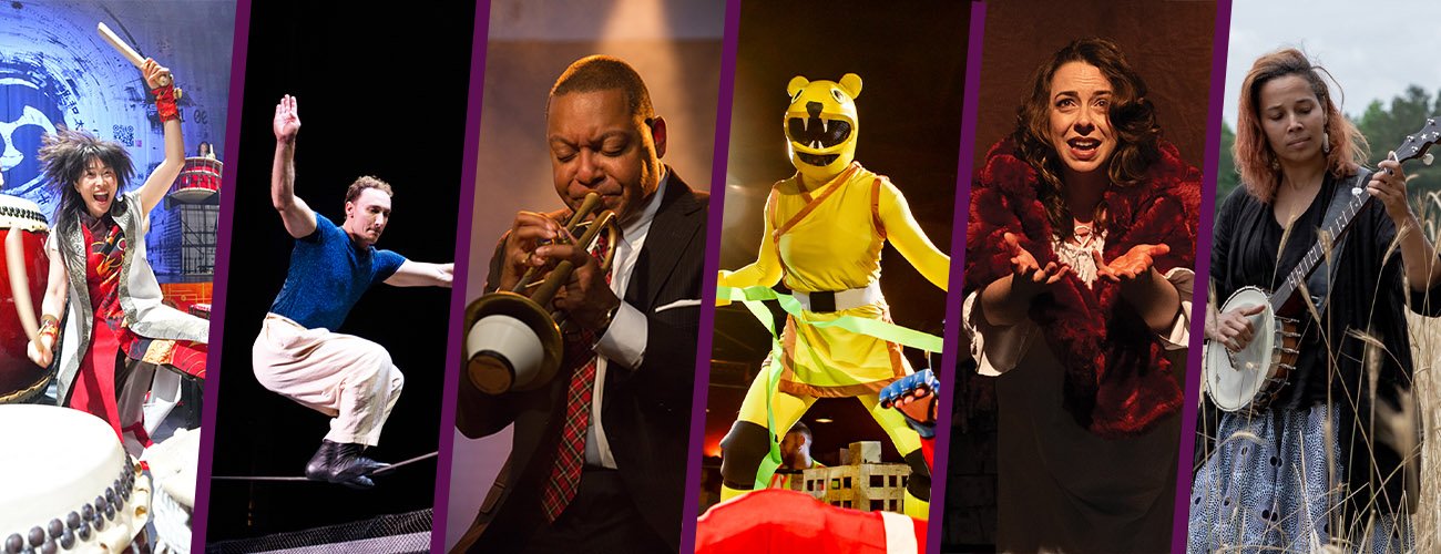 A collage showing six performers: a taiko drummer, a dancer mid-leap, a trumpet player, a person in a yellow costume with a bear mask, a dramatic actor, and a banjo player outdoors.