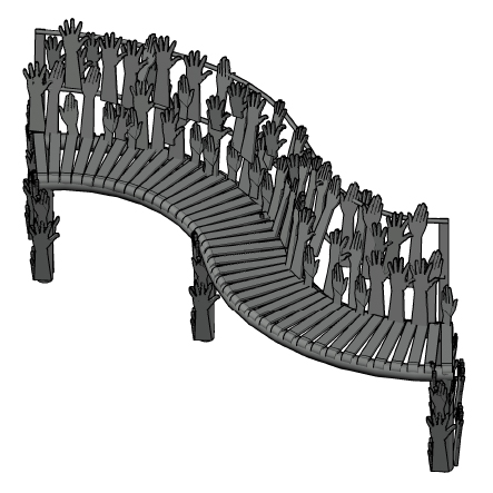 A black and white drawing of a bench. The back rest is made out of many hands.
