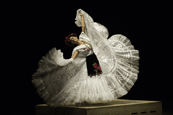 a woman dancing while holding her ruffled skirt up and around her