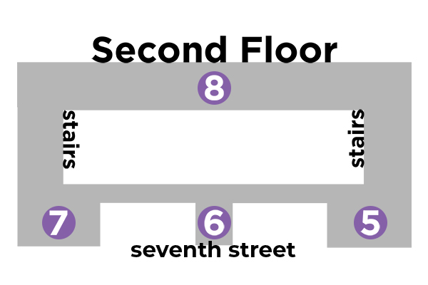 a map of the benedum center second floor, which includes stops 5, 6, 7, and 8 on the tour
