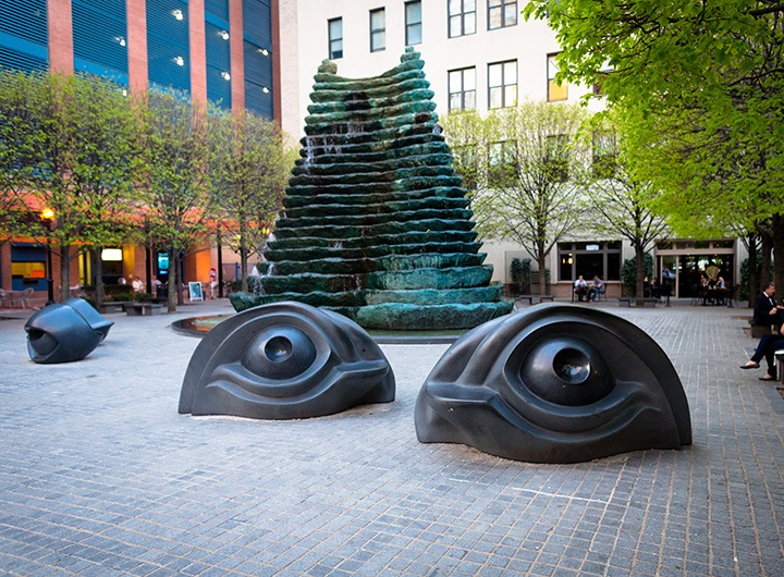 eyeball sculptures and fountain in Katz Plaza Downtown Pittsburgh