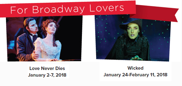 Red ribbon with text: For Broadway Lovers with photos of the Phantom and Christine and Elphaba from Wicked
