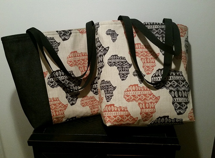 Denise' Clayton's  African print fabric dump totes
