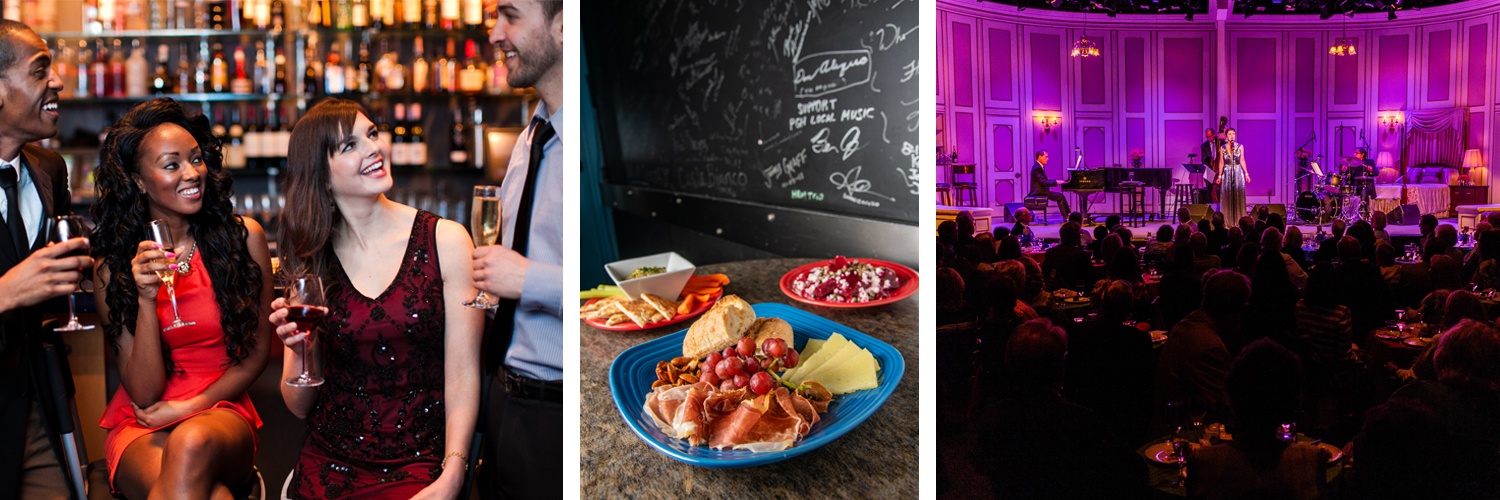 a banner of three photos: two couples talking in the backstage bar, three dishes from the menu, and a cabaret performance in the theater