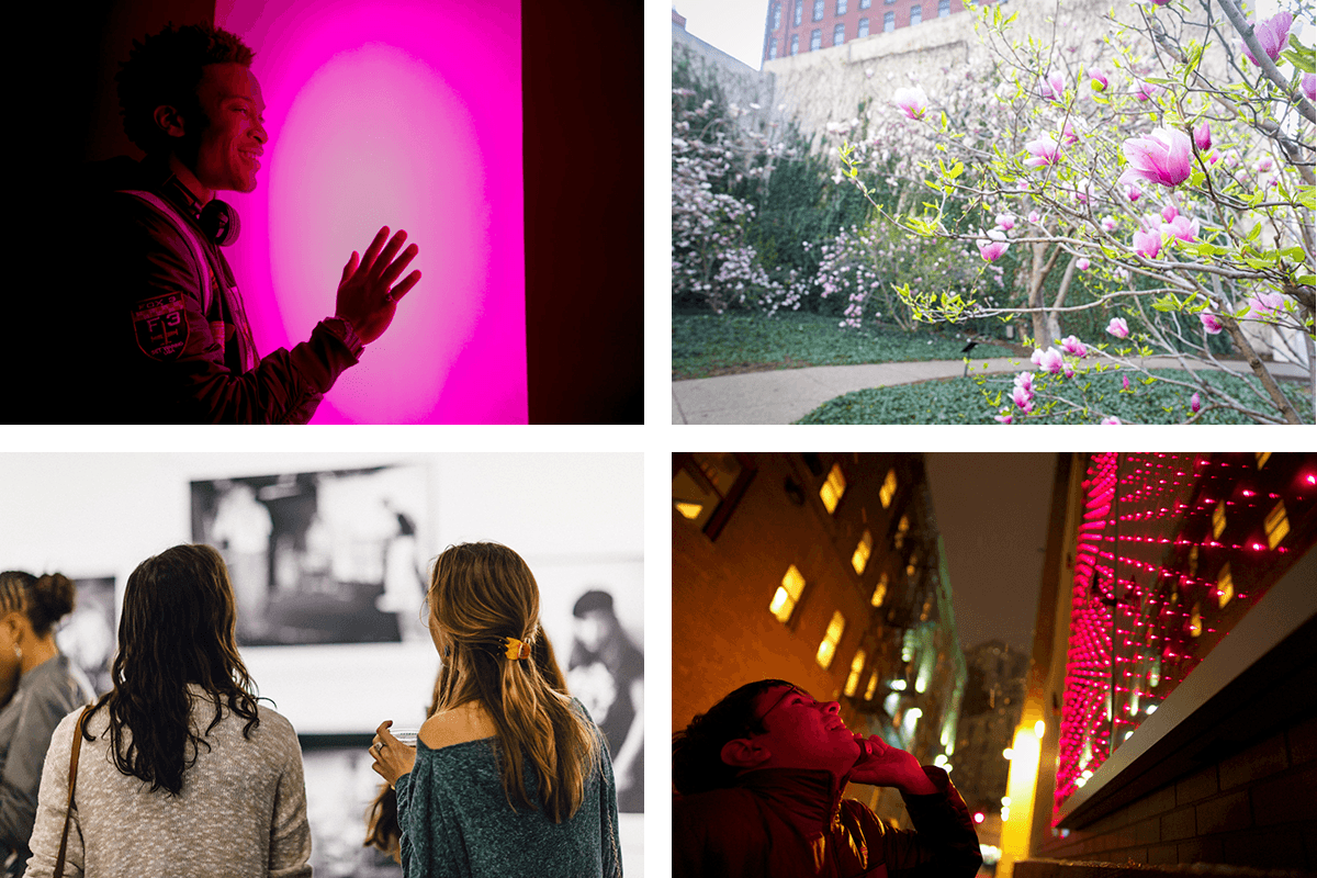 four images of patrons interacting with art in Pittsburgh's Cultural District