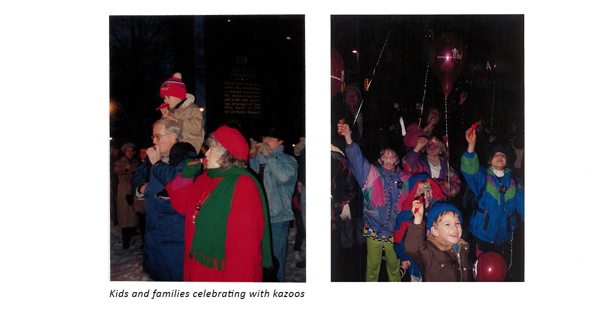 Old photos of families walking on streets with kazoos