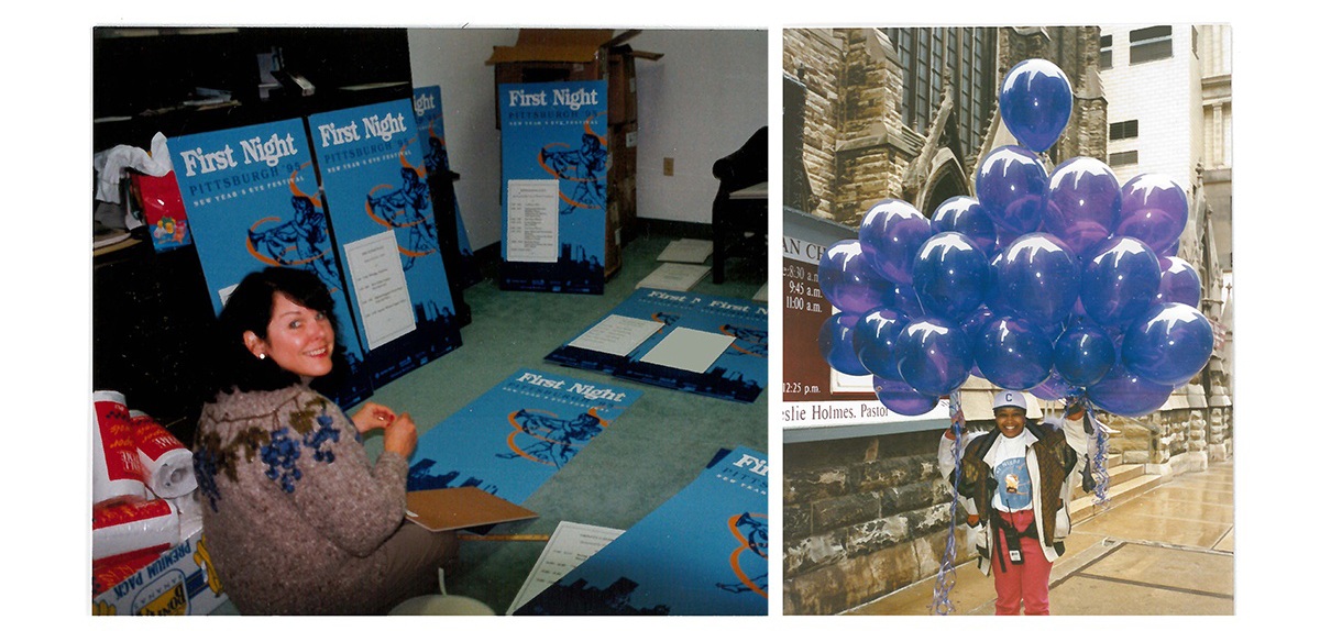 Old photos of festival team preparing for Highmark First Night Pittsburgh. Text: The New Year's Eve parade and fireworks have been long-standing favorites among button holders