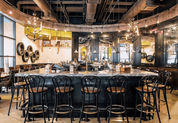 restaurant bar with bar stools lined up