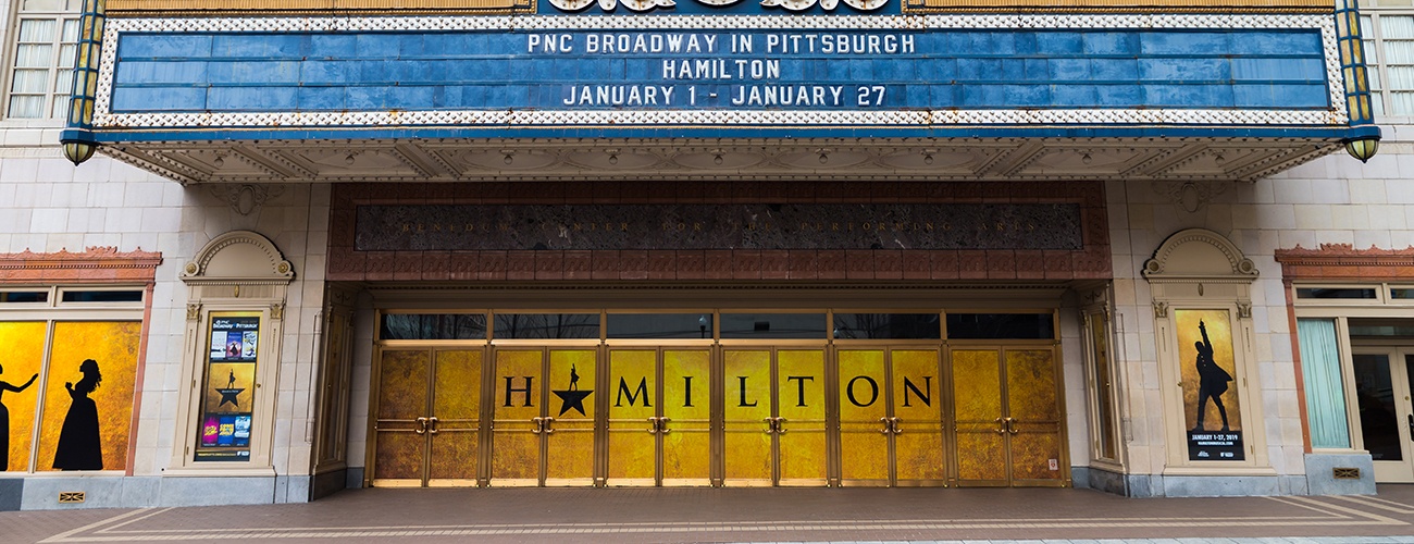 the outside of the benedum center decorated for hamilton
