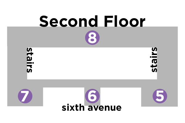 a map of the benedum center second floor, which includes stops 5, 6, 7, and 8 on the tour