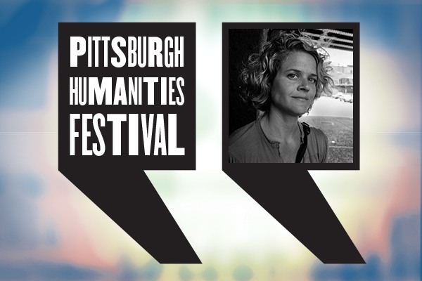 a headshot of eliza griswold with the humanities festival logo