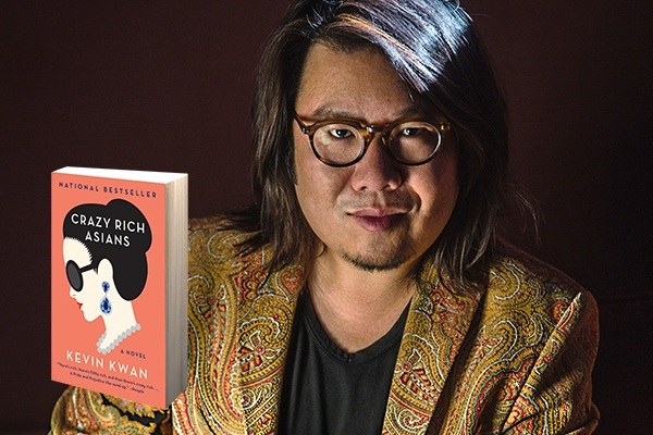 a headshot of kevin kwan next to the cover of his book 'crazy rich asians'