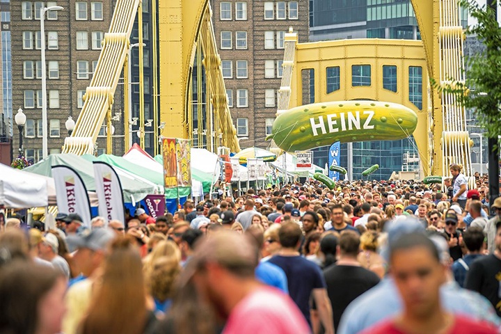 People attending Picklesburgh at Roberto Clemente Bridge in Pittsburgh