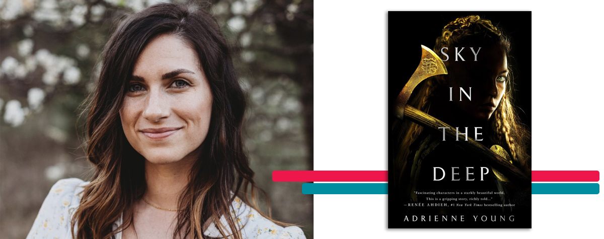 headshot of adrienne young alongside the cover art for her book 'Sky in the Deep'