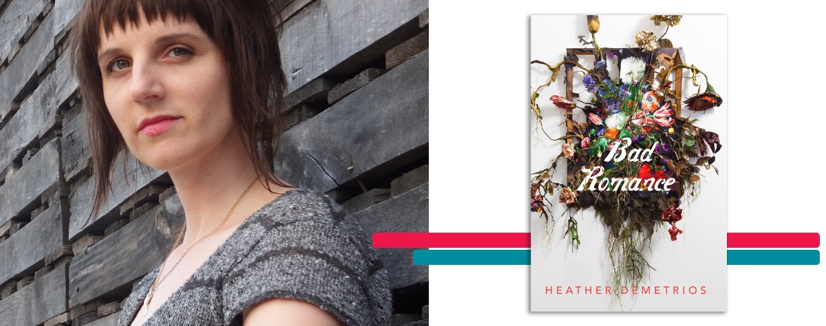 headshot of Heather Demetrios alongside the cover art for her book 'Bad Romance'
