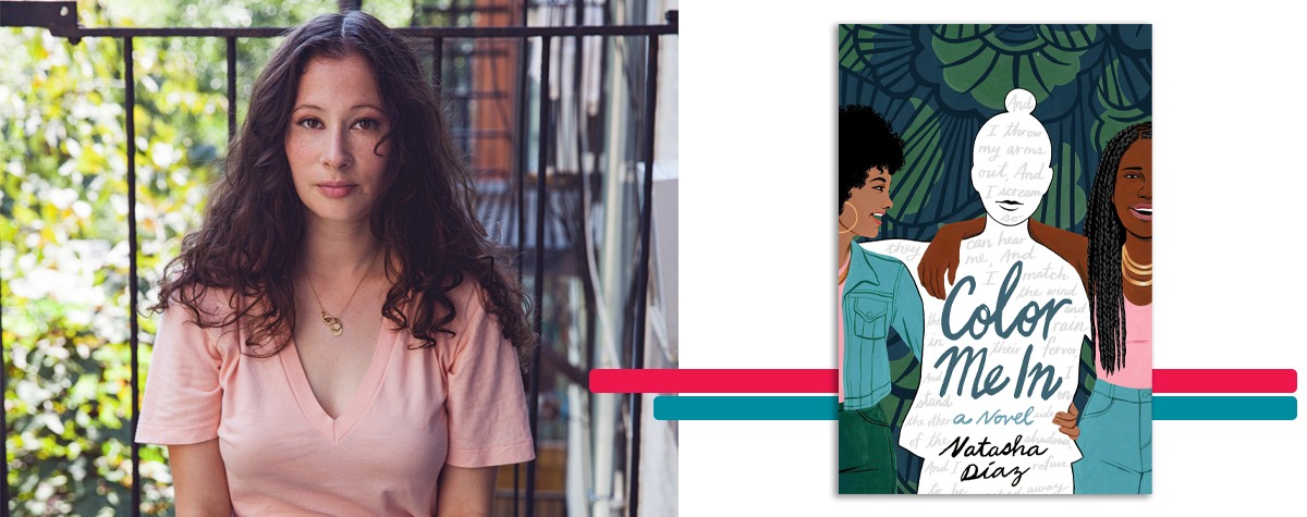 headshot of Natasha Díaz alongside the cover art for her book 'Color Me In'