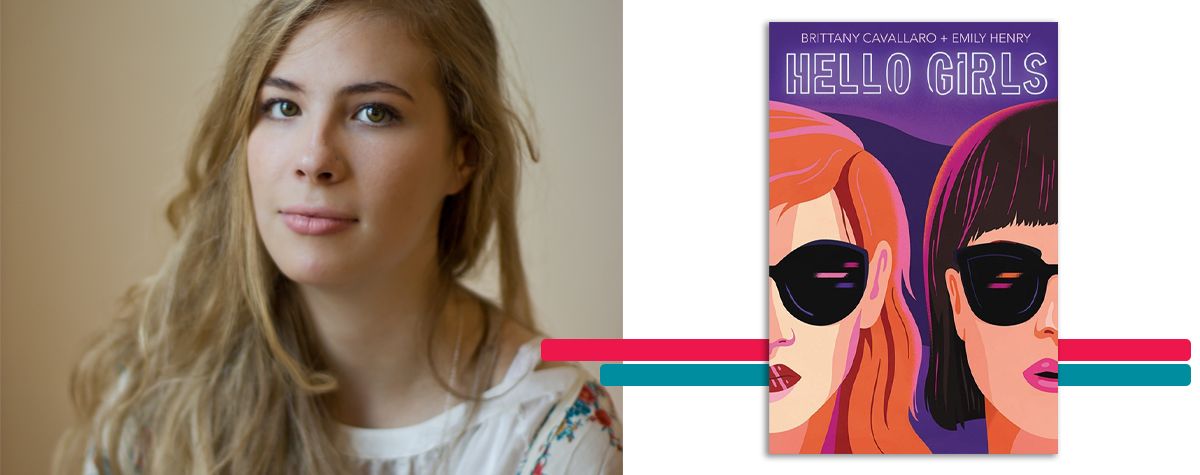 headshot of Emily Henry alongside the cover art for her book 'Hello Girls'