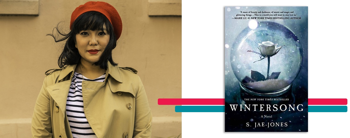 headshot of S. Jae-Jones alongside the cover art for her book 'Wintersong'