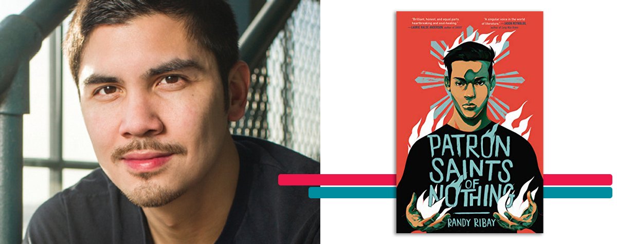 headshot of Randy Ribay alongside the cover art for his book 'Patron Saints of Nothing'