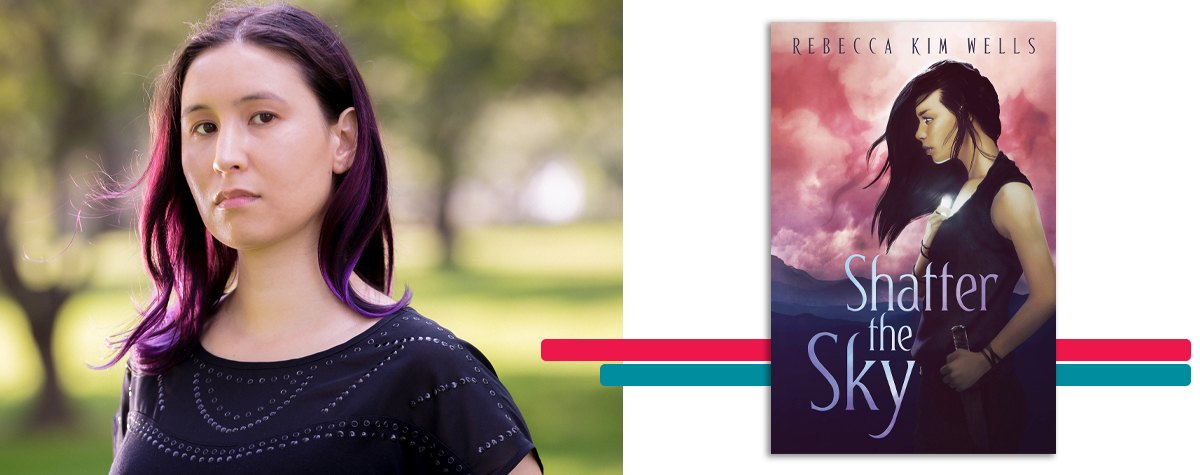 headshot of Rebecca Kim Wells alongside the cover art for her book 'Shatter the Sky'
