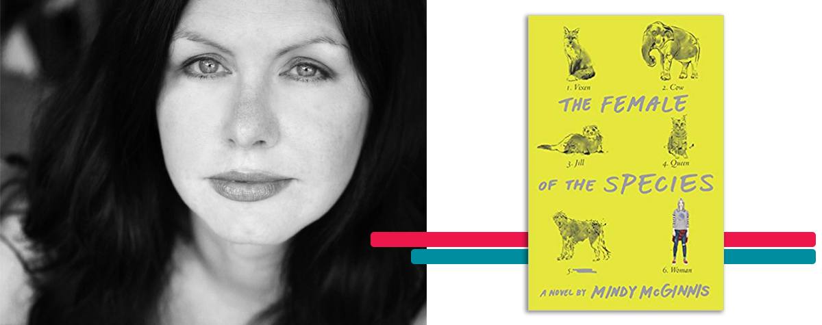 headshot of Mindy McGinnis alongside the cover art for her book 'The Female of the Species'