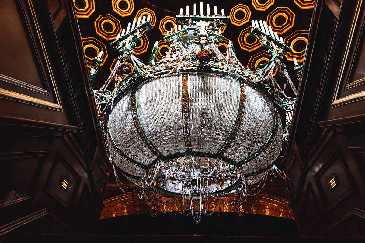 Grand Chandelier lowered in the promenade level of the Benedum Center