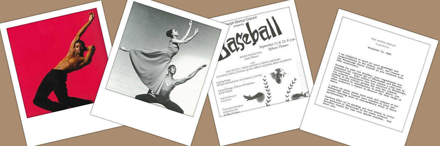 Header showing old photos of Dance Council performers, show descriptions, and white house letter in the form of polaroids
