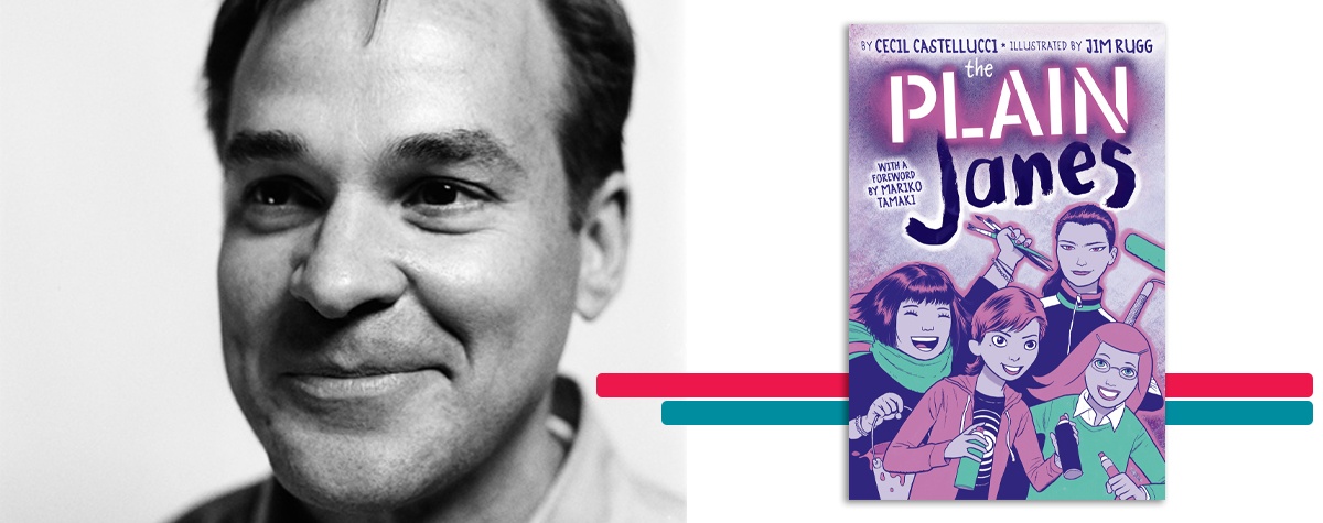 headshot of Jim Rugg alongside the cover art for his book 'The PLAIN Janes'