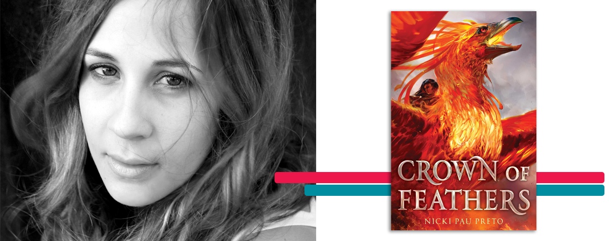 headshot of Nicki Pau Preto alongside the cover art for her book 'Crown of Feathers'