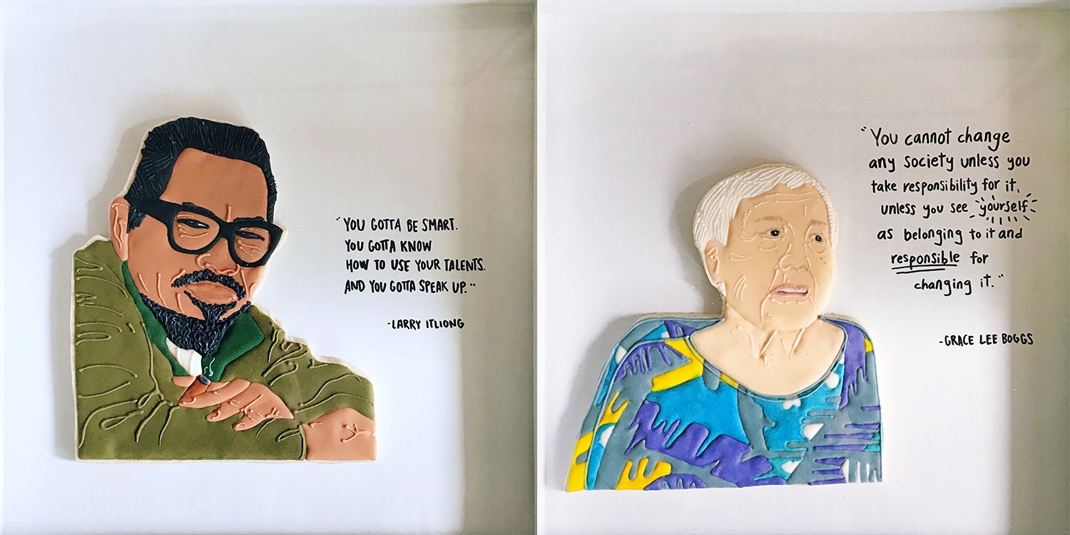 Cookie portraits of Larry Itliong and Grace Lee Boggs