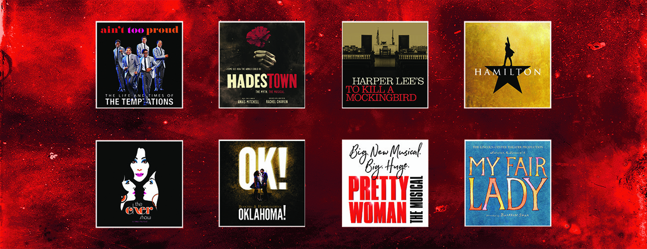 logos for all of the 2020/2021 PNC Broadway in Pittsburgh Shows. From left to right: TOP ROW - Ain't Too Proud, Hadestown, To Kill A Mockingbird, Hamilton. BOTTOM ROW: The Cher Show, OKLAHOMA!, Pretty Woman: The Musical, My Fair Lady.