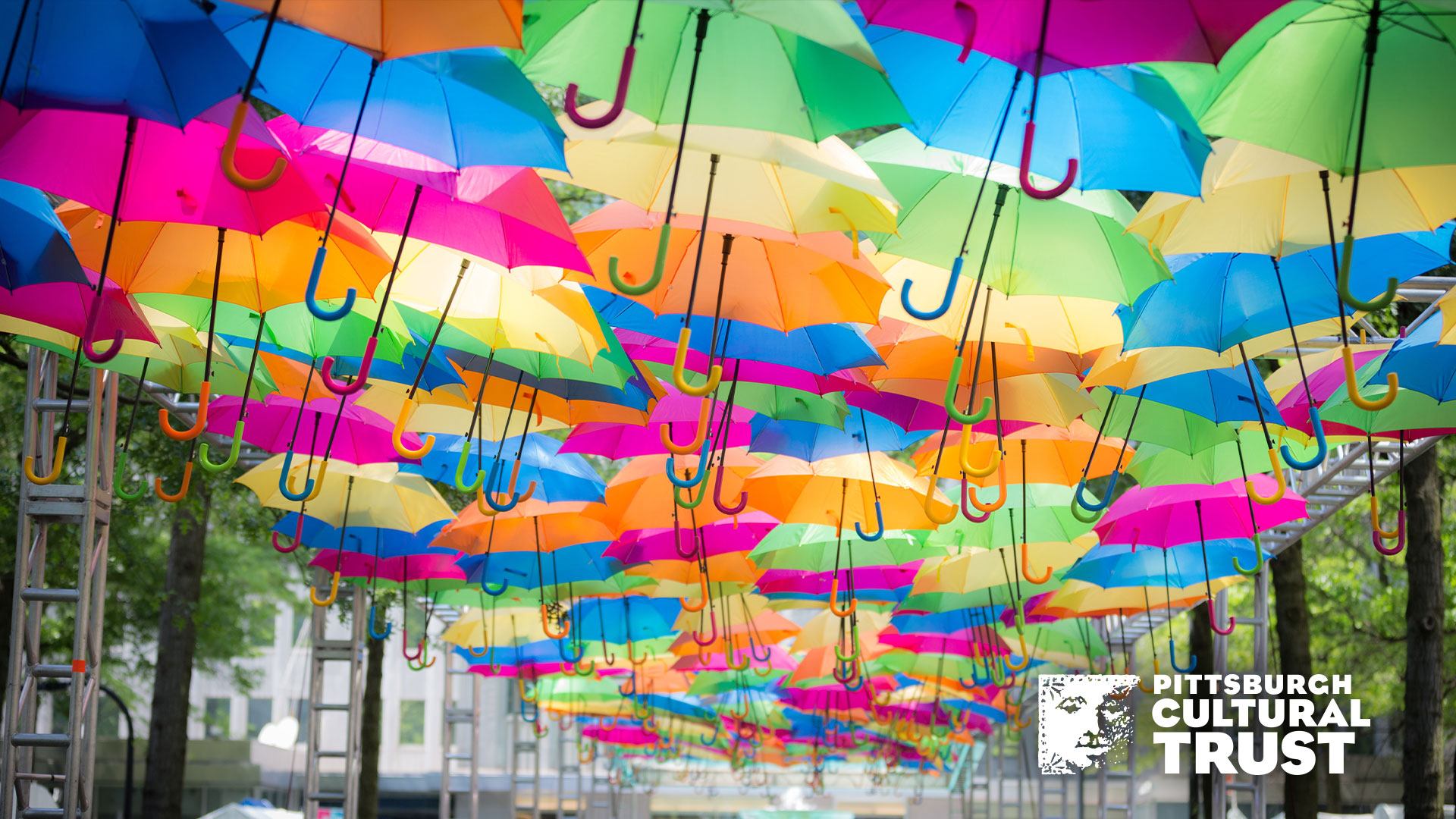 a zoom background of a canopy of colorful umbrellas from a past three rivers arts festival