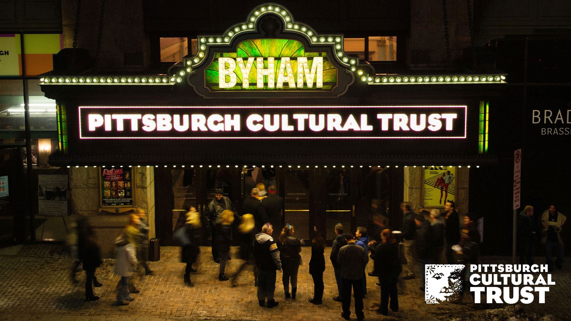 a zoom background of the byham theater marquee