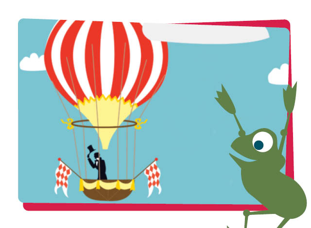 an 'up and away' graphic of a striped hot air balloon floating through the air.