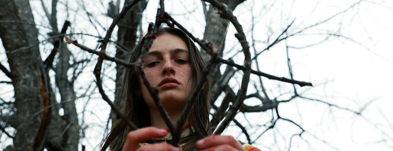 a girl looking through a pentagram made out of sticks