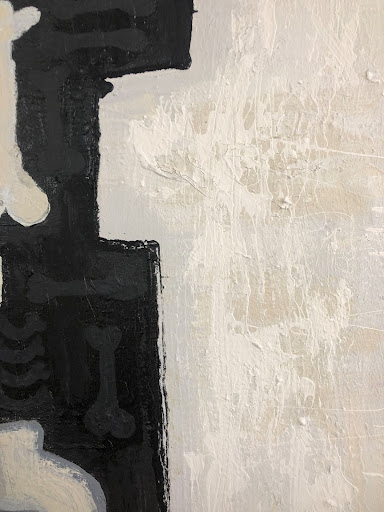 a roughly-textured black and white painting of a partial, geometric human skeleton