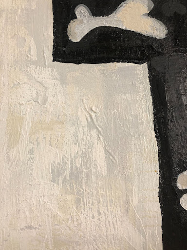 a roughly-textured black and white painting of abstract shapes representing bones