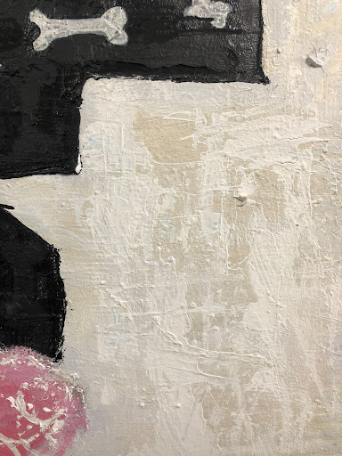 a roughly-textured black, pink and white painting of abstract shapes representing bones and a brain