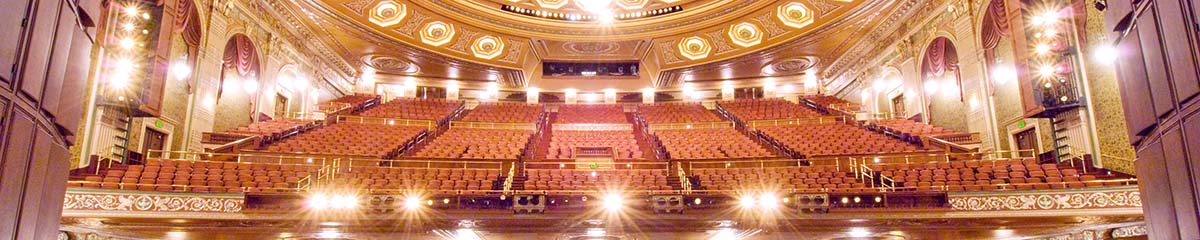 The view of the large, empty Benedum Center auditorium from the stage