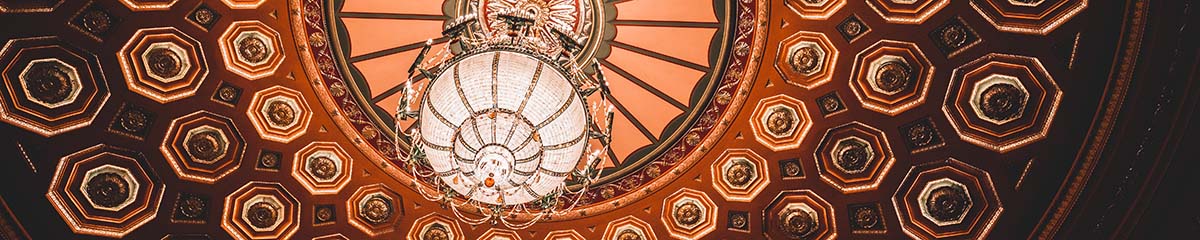 A closeup of the Benedum Center's ornate chandelier