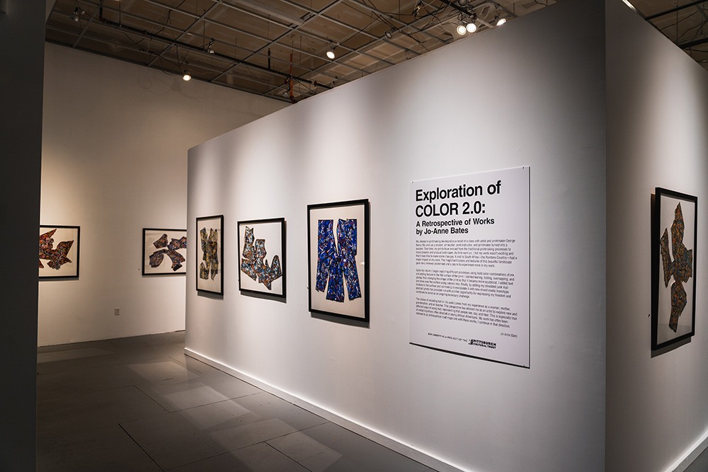 a large gallery space with mixed media pieces hung in black frames on the walls