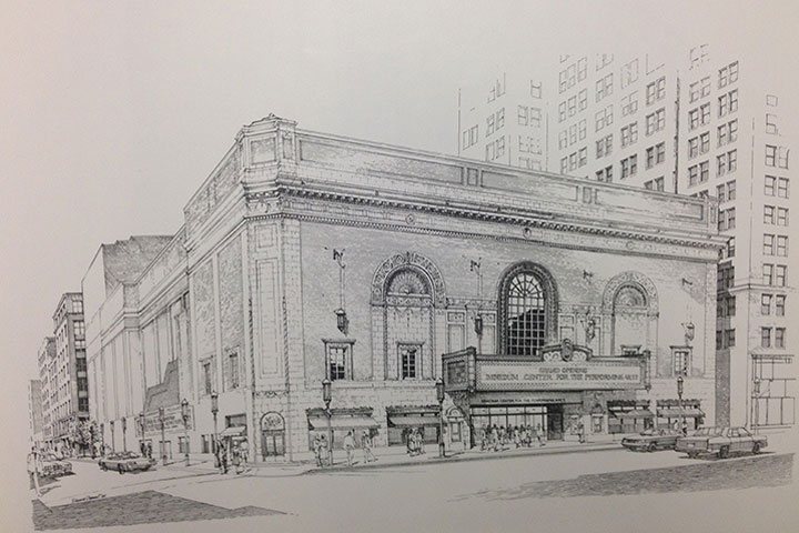 Black and white sketch of the Benedum Center exterior with arched windows, a marquee, and brick facade.