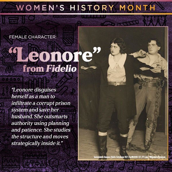 A graphic with a black and white photo of the character Leonore. Karoline says, 'Leonore disguises herself as a man to infiltrate a corrupt prison system and save her husband. She outsmarts authority using planning and patience. She studies the structure and moves strategically inside it.'